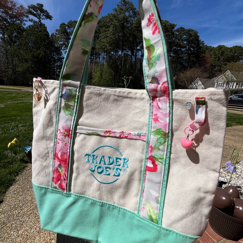 Trader Joe’s Mini Floral Canvas Tote Bag in Cream and Mint